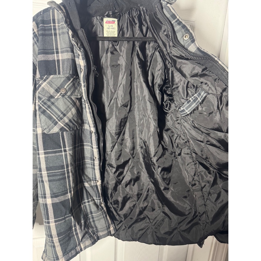 Genuine Dickies Hooded Flannel Shirt Jacket L Grey Black Plaid Quilted Vintage - Picture 6 of 7